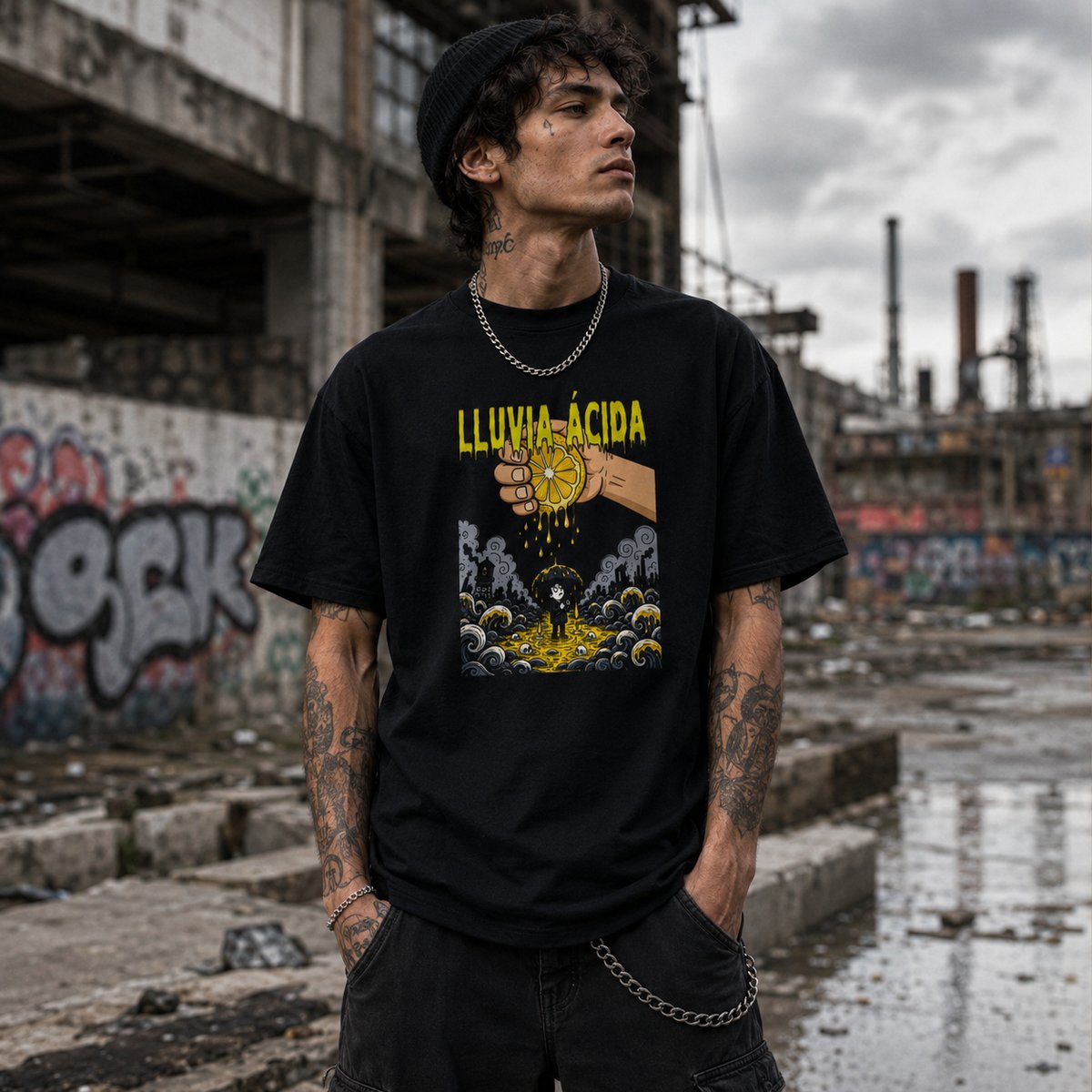 Hombre con camiseta negra Lluvia Ácida, diseño industrial