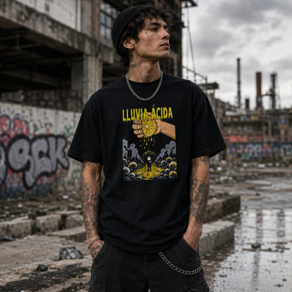 Hombre con camiseta negra Lluvia Ácida, diseño industrial