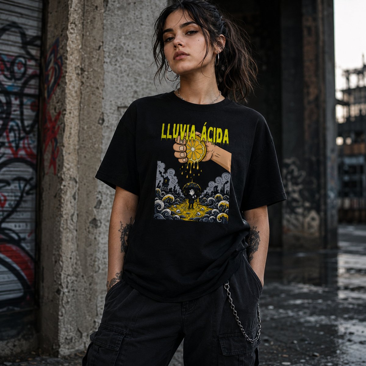 Mujer con camiseta negra Lluvia Ácida, diseño industrial