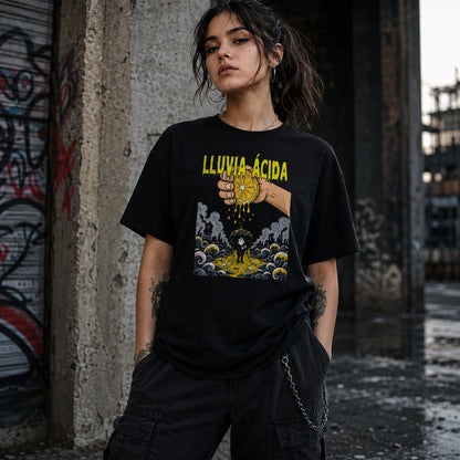 Mujer con camiseta negra Lluvia Ácida, diseño industrial