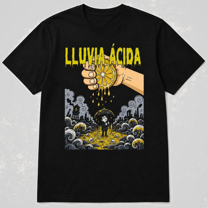 Camiseta negra Lluvia Ácida, diseño industrial de humor ácido – Starway to Helen
