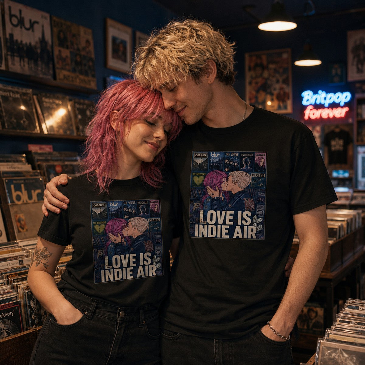Pareja con camiseta negra Love is Indie Air – Starway to Helen