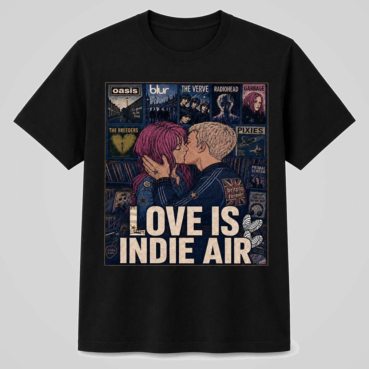 Camiseta negra Love is Indie Air, pareja indie y portadas de música – Starway to Helen
