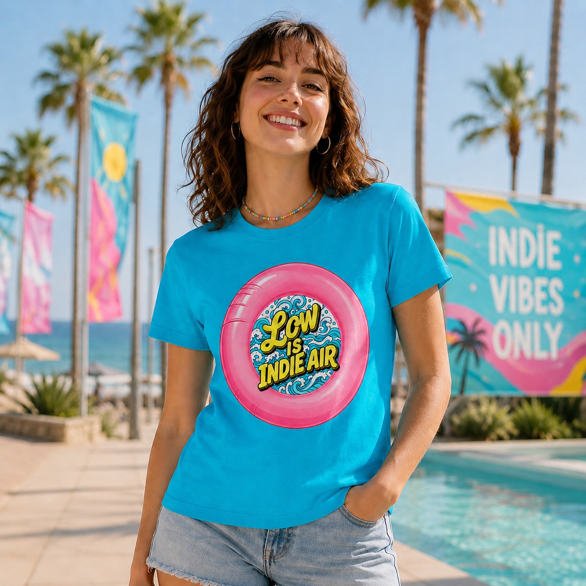 Chica con camiseta Low is Indie Air turquesa, Low Festival - Starway to Helen