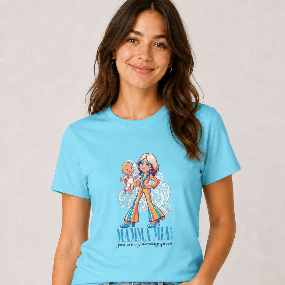 Persona con camiseta Mamma Mia, parodia de ABBA - Starway to Helen
