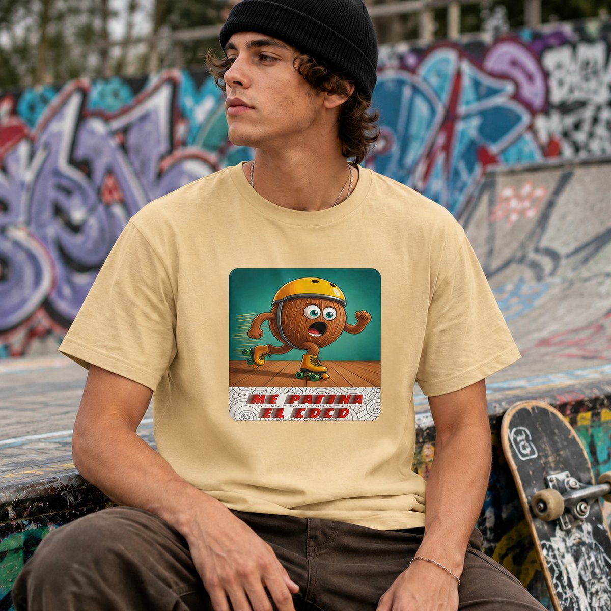 Hombre con camiseta amarilla Me Patina el Coco, diseño divertido de coco patinador