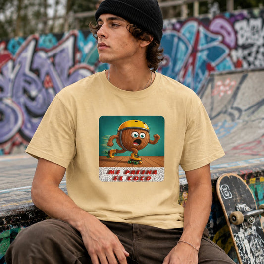 Hombre con camiseta amarilla Me Patina el Coco, diseño divertido de coco patinador
