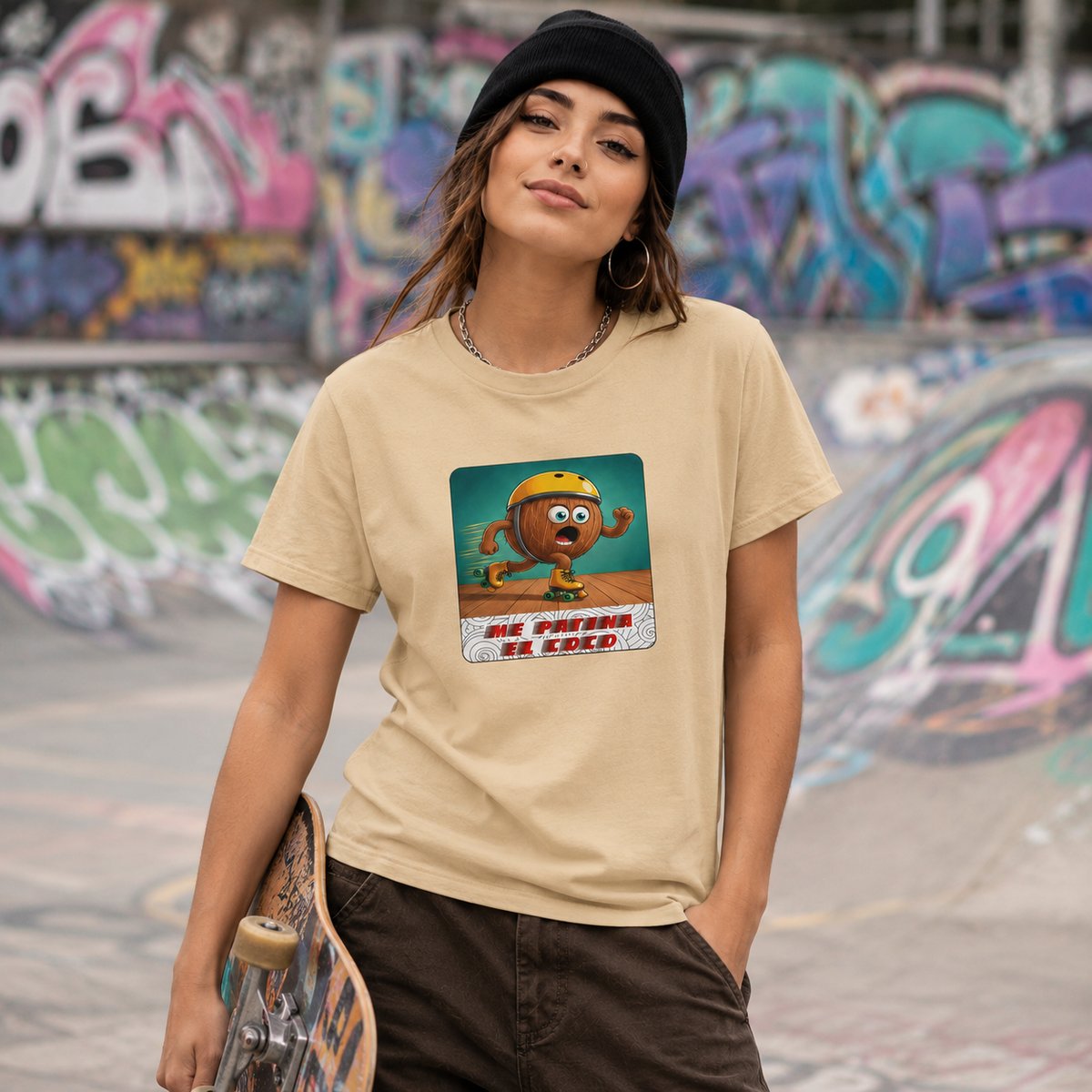 Mujer con camiseta amarilla Me Patina el Coco, diseño divertido de coco patinador