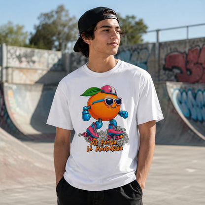 Hombre con camiseta blanca Me Patina la Mandarina, mandarina patinadora