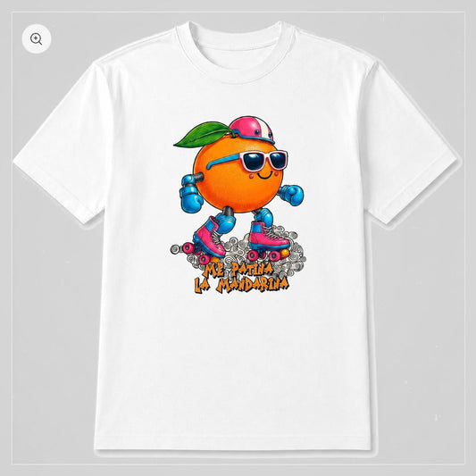 Camiseta blanca Me Patina la Mandarina, mandarina patinadora con gafas – Starway to Helen