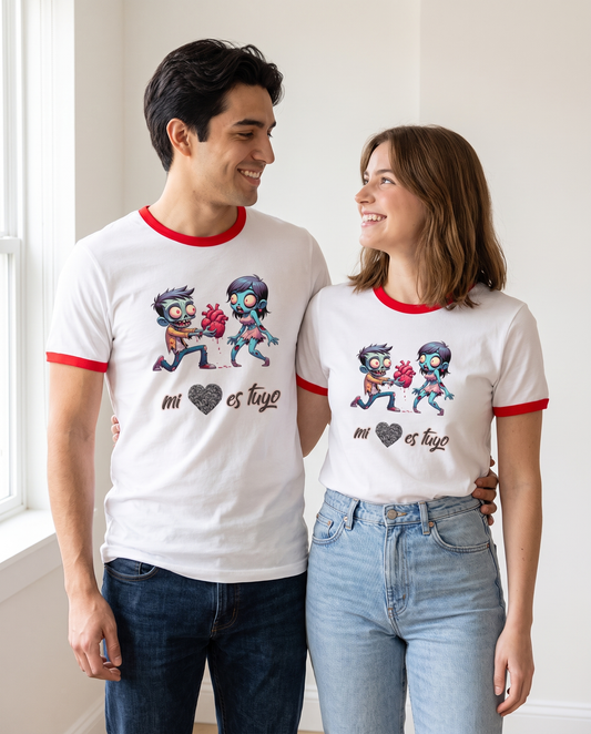 Pareja luciendo camisetas Mi Corazón es Tuyo, diseño zombie romántico - regalo original para San Valentín - Starway to Helen