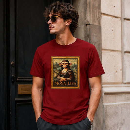 Hombre con camiseta Mona, parodia de la Mona Lisa de Da Vinci - Starway to Helen