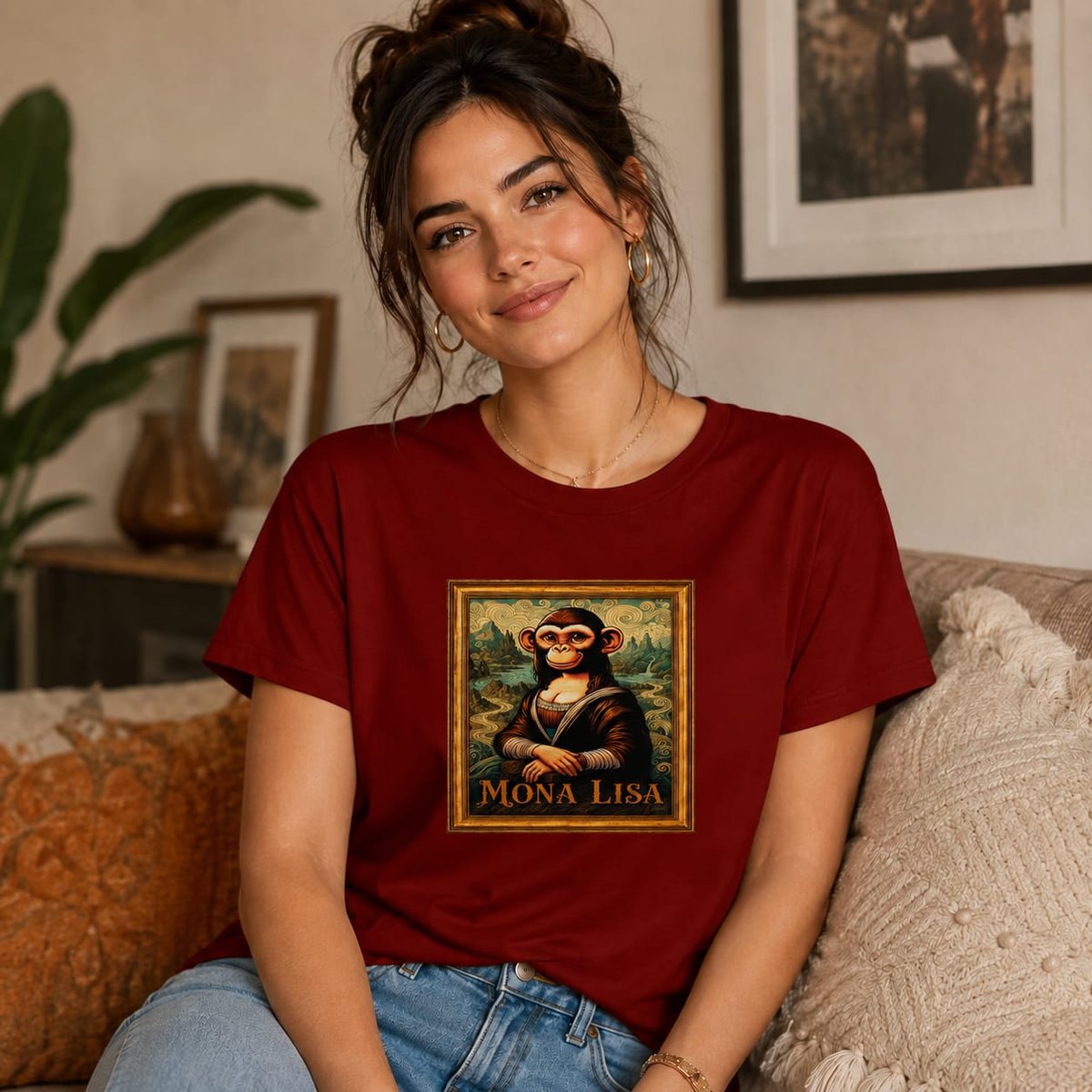 Mujer con camiseta Mona, parodia de la Mona Lisa de Da Vinci - Starway to Helen