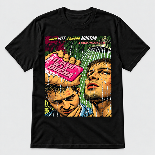 Camiseta negra El Club de la Ducha, póster de cine con jabón rosa y ducha, parodia friki de El Club de la Lucha - Starway to Helen