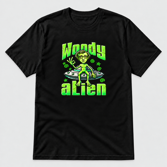 Camiseta negra Woody Alien, Woody Allen como extraterrestre verde sentado en un OVNI, parodia friki de cine - Starway to Helen