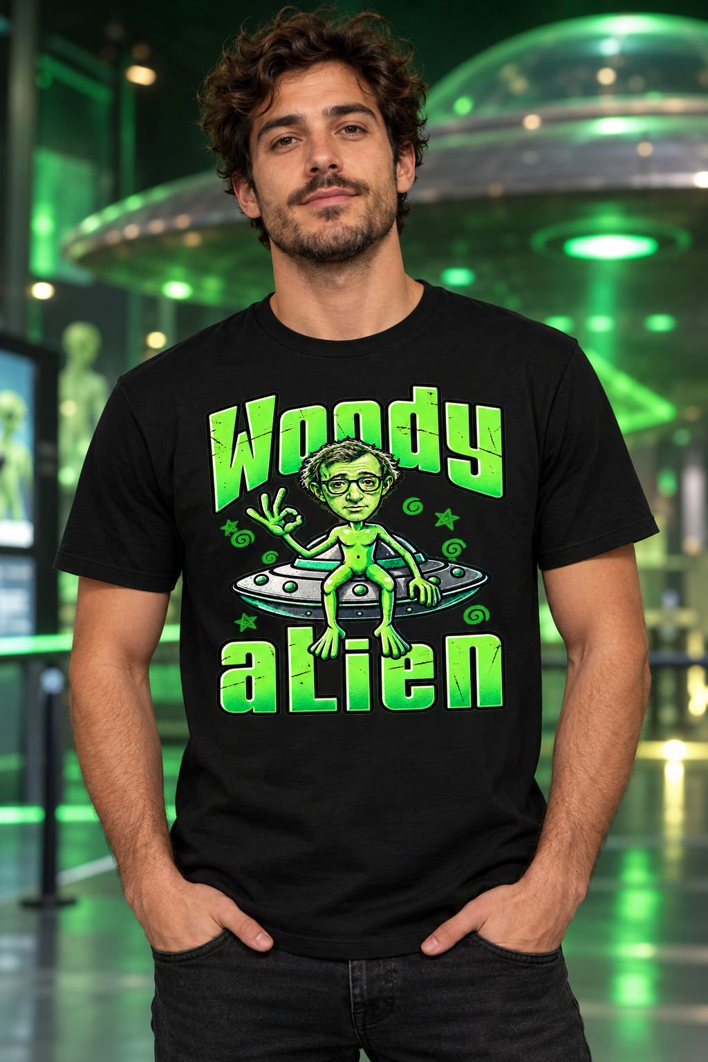 Mujer con camiseta negra Woody Alien, parodia de Woody Allen como extraterrestre verde, camiseta unisex divertida - Starwaytohelen