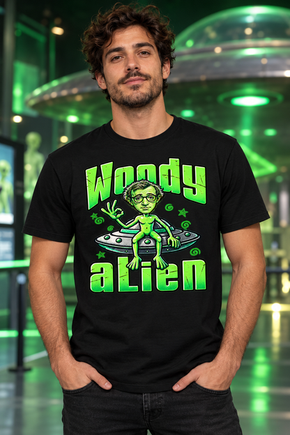 Mujer con camiseta negra Woody Alien, parodia de Woody Allen como extraterrestre verde, camiseta unisex divertida - Starwaytohelen
