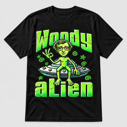 Camiseta negra Woody Alien, Woody Allen como extraterrestre verde sentado en un OVNI, parodia friki de cine - Starwaytohelen