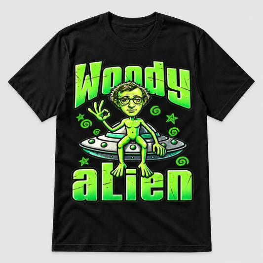 Camiseta negra Woody Alien, Woody Allen como extraterrestre verde sentado en un OVNI, parodia friki de cine - Starwaytohelen