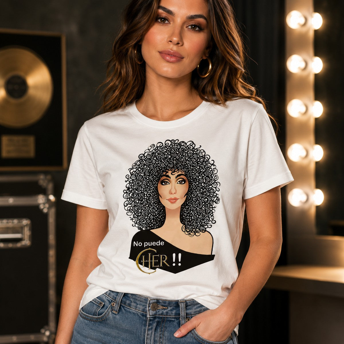 Chica con camiseta No Puede Cher blanca, homenaje a Cher - Starway to Helen