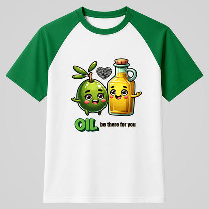 Camiseta béisbol blanca de mangas verdes Oil Be There for You, aceite de oliva – Starway to Helen