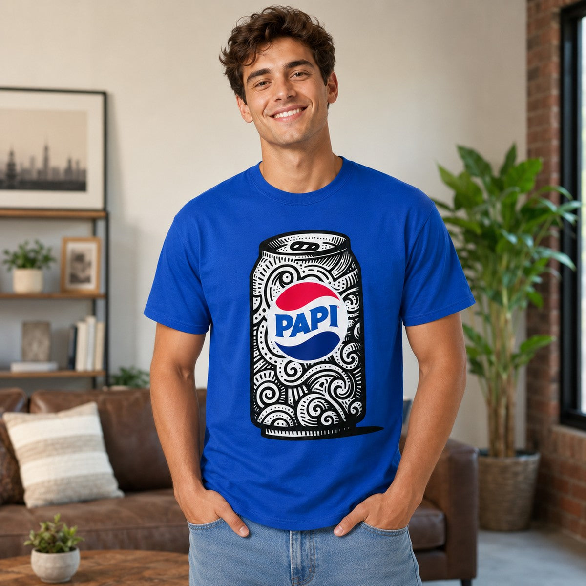 Hombre con camiseta azul Papi – Starway to Helen