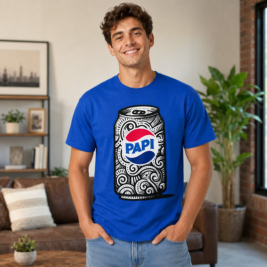 Hombre con camiseta azul Papi – Starway to Helen
