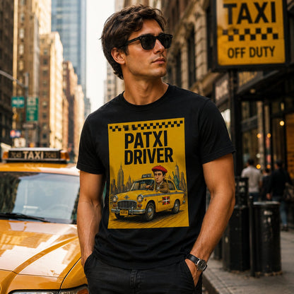 Hombre con camiseta negra Patxi Driver, parodia de Taxi Driver