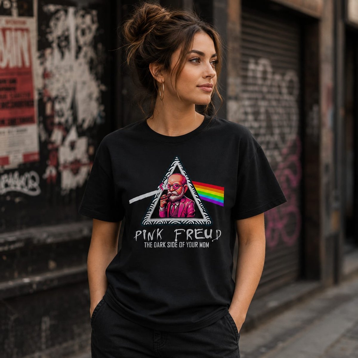 Mujer con camiseta Pink Freud, parodia de Pink Floyd y Freud - Starway to Helen