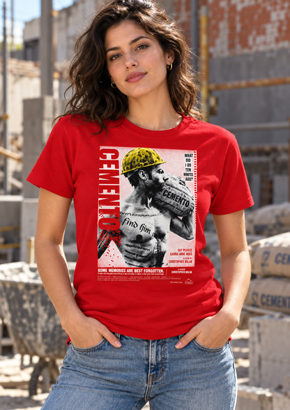 Mujer con camiseta roja Cemento, parodia friki de Memento, en una obra de construcción - Starway to Helen