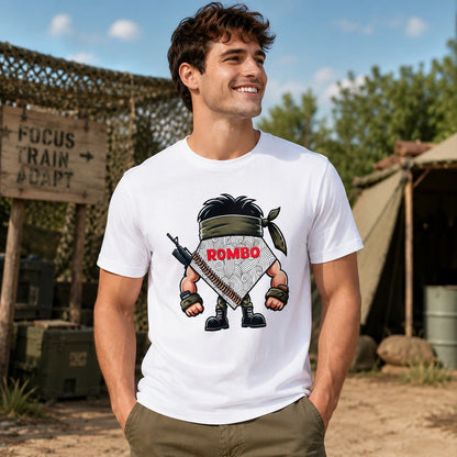 Hombre con camiseta blanca ROMBO militar – Starway to Helen