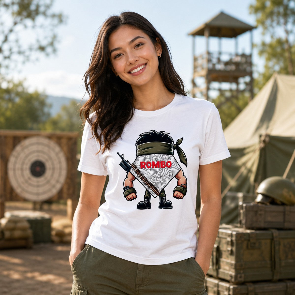 Mujer con camiseta blanca ROMBO militar – Starway to Helen