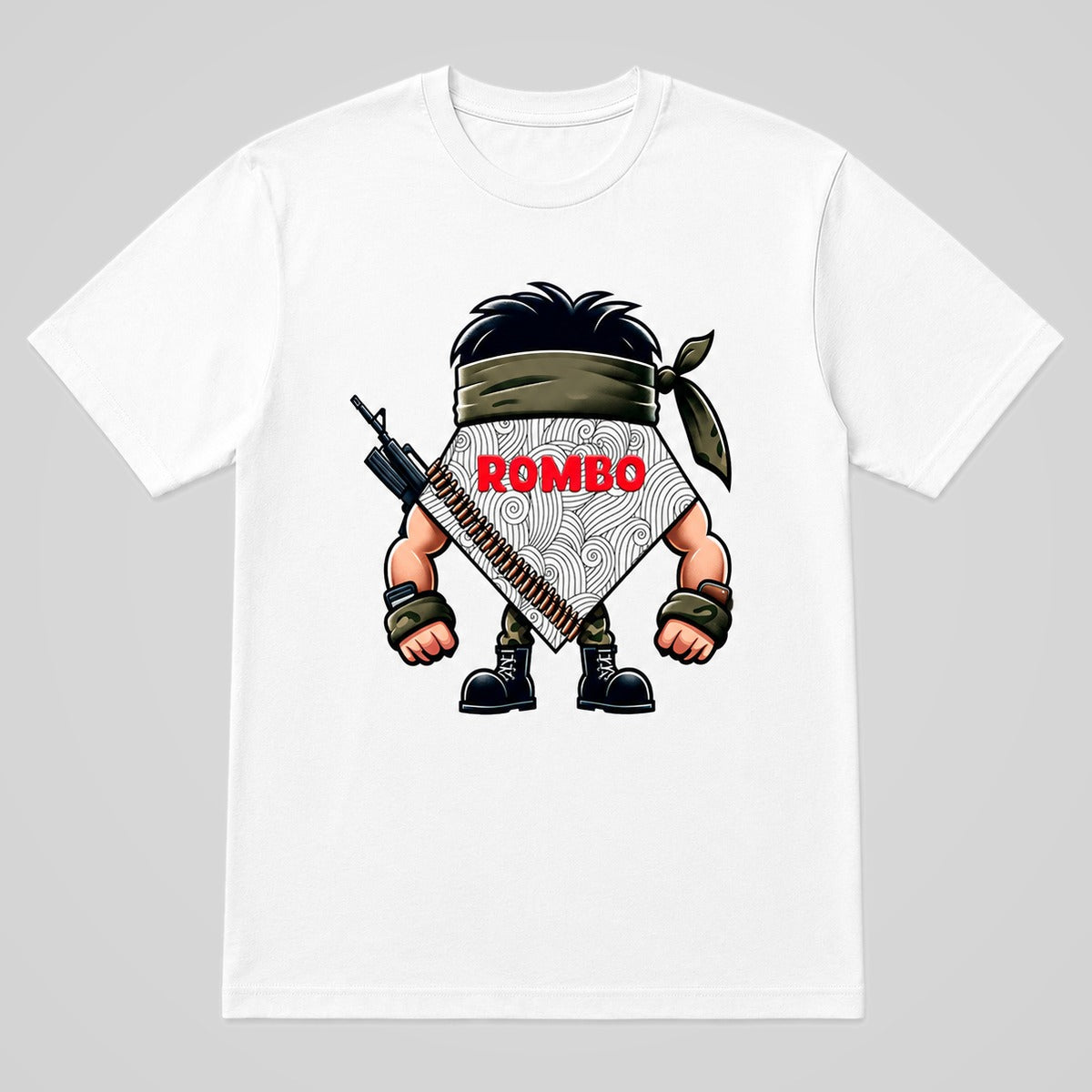 Camiseta blanca ROMBO, parodia de Rambo militar – Starway to Helen