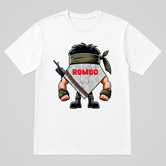 Camiseta blanca ROMBO, parodia de Rambo militar – Starway to Helen
