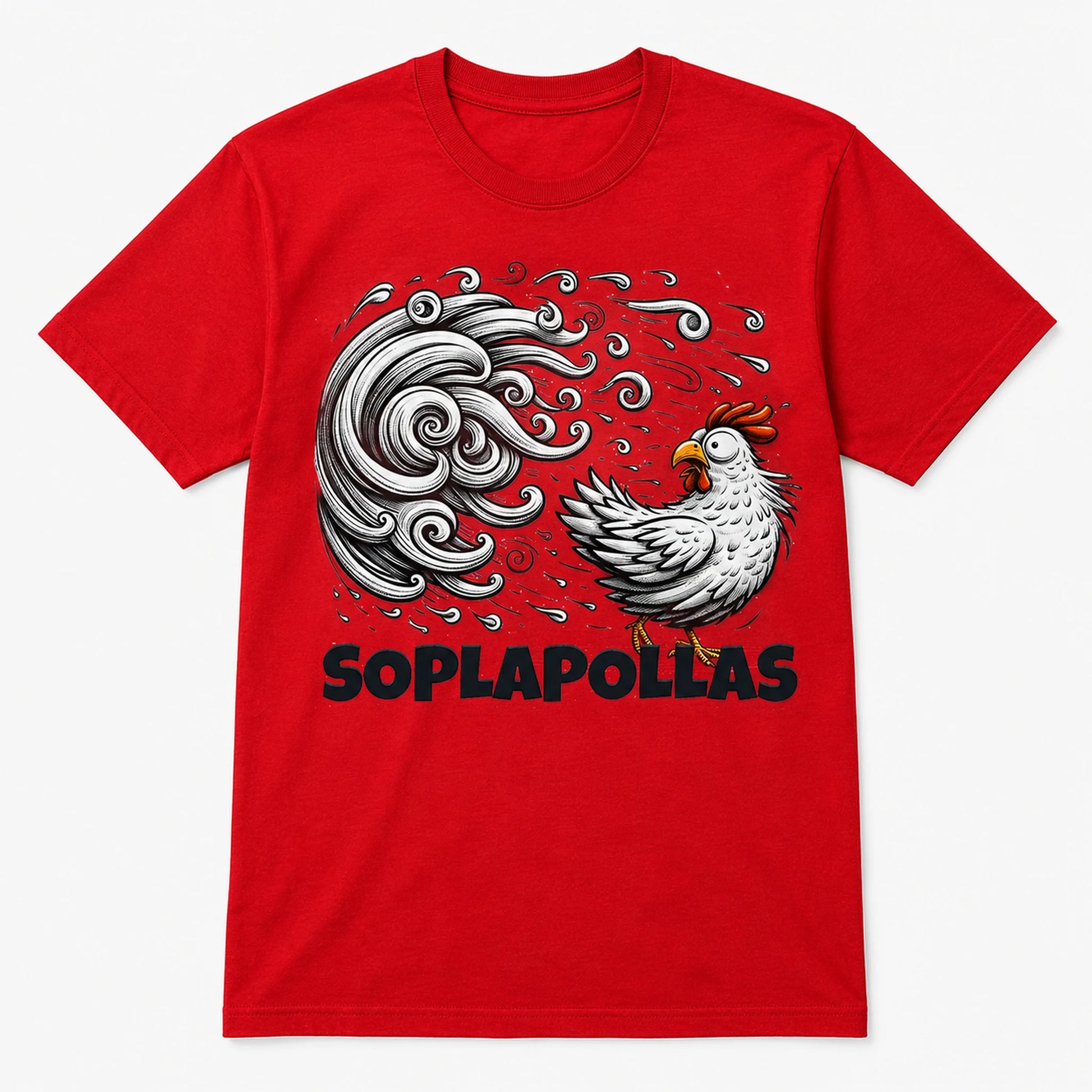 Camiseta roja Soplapollas, diseño divertido de gallo soplando viento – Starway to Helen