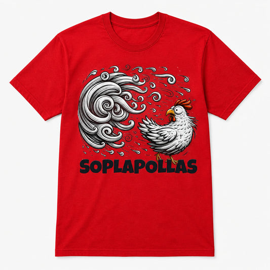 Camiseta roja Soplapollas, diseño divertido de gallo soplando viento – Starway to Helen
