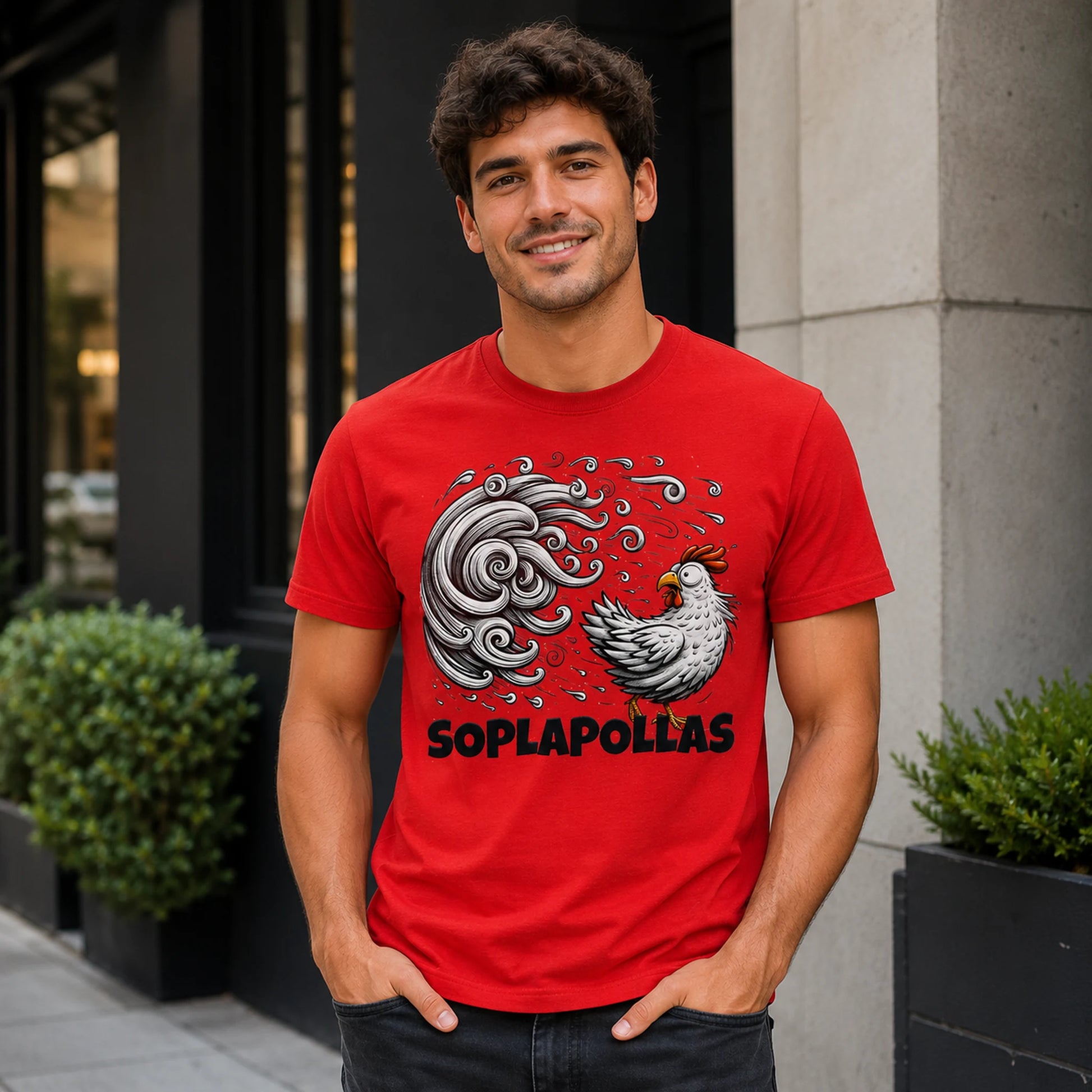 Hombre con camiseta roja Soplapollas, diseño gracioso de gallo, humor español