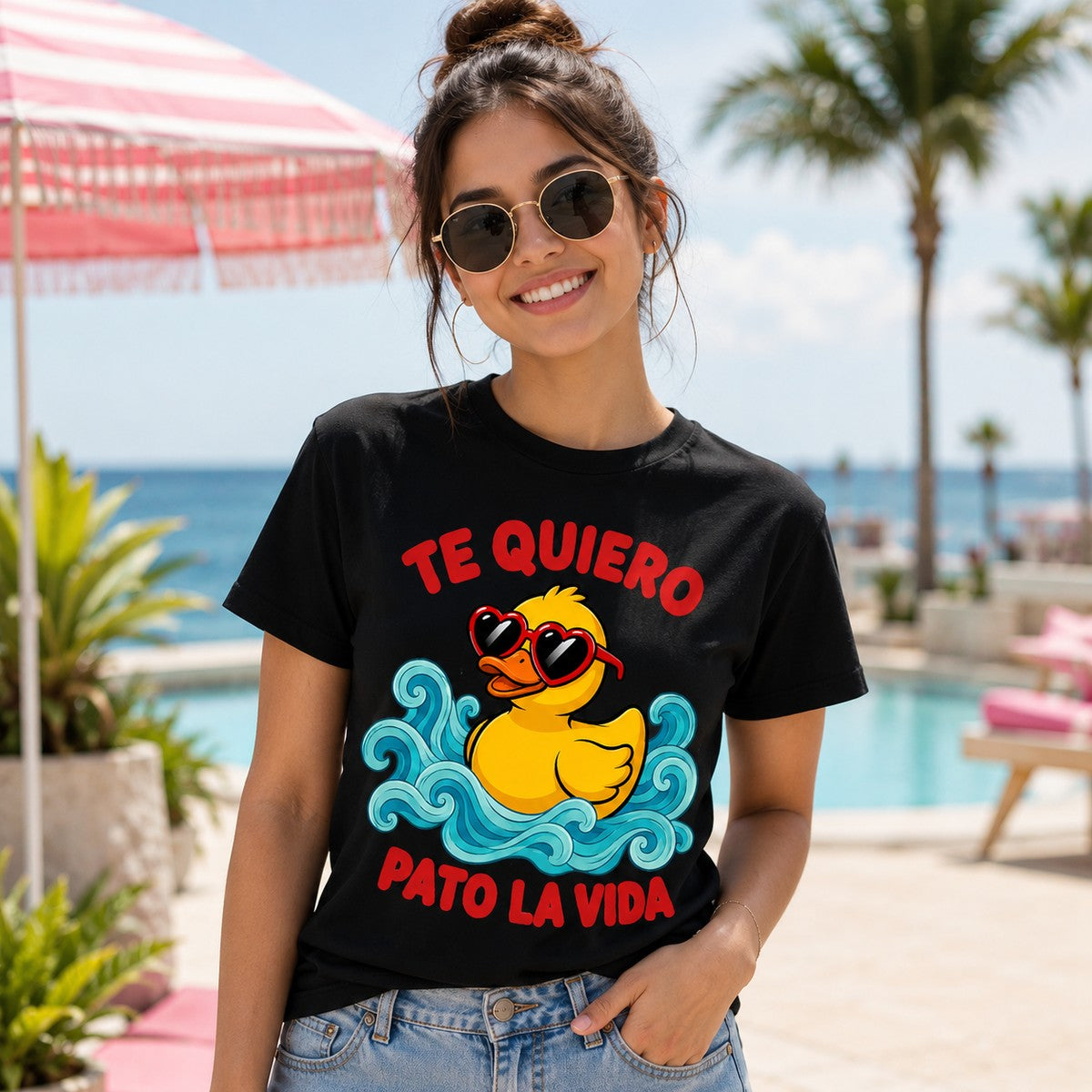 Chica con camiseta Te Quiero Pato la Vida negra, pato con gafas - Starway to Helen