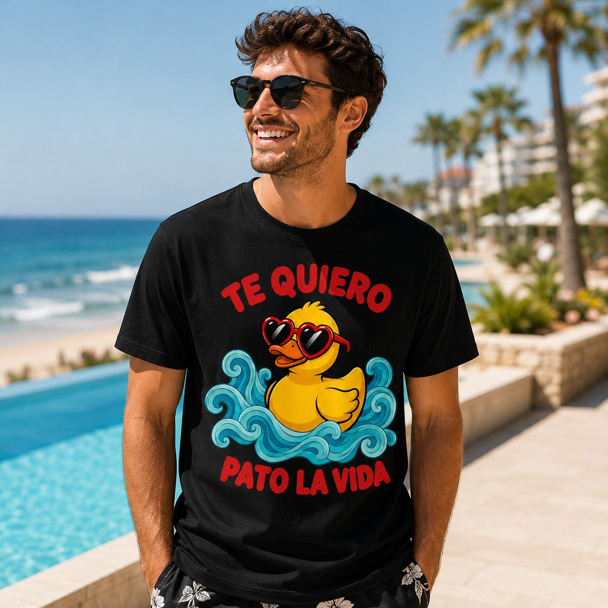 Hombre con camiseta Te Quiero Pato la Vida negra en la playa - Starway to Helen