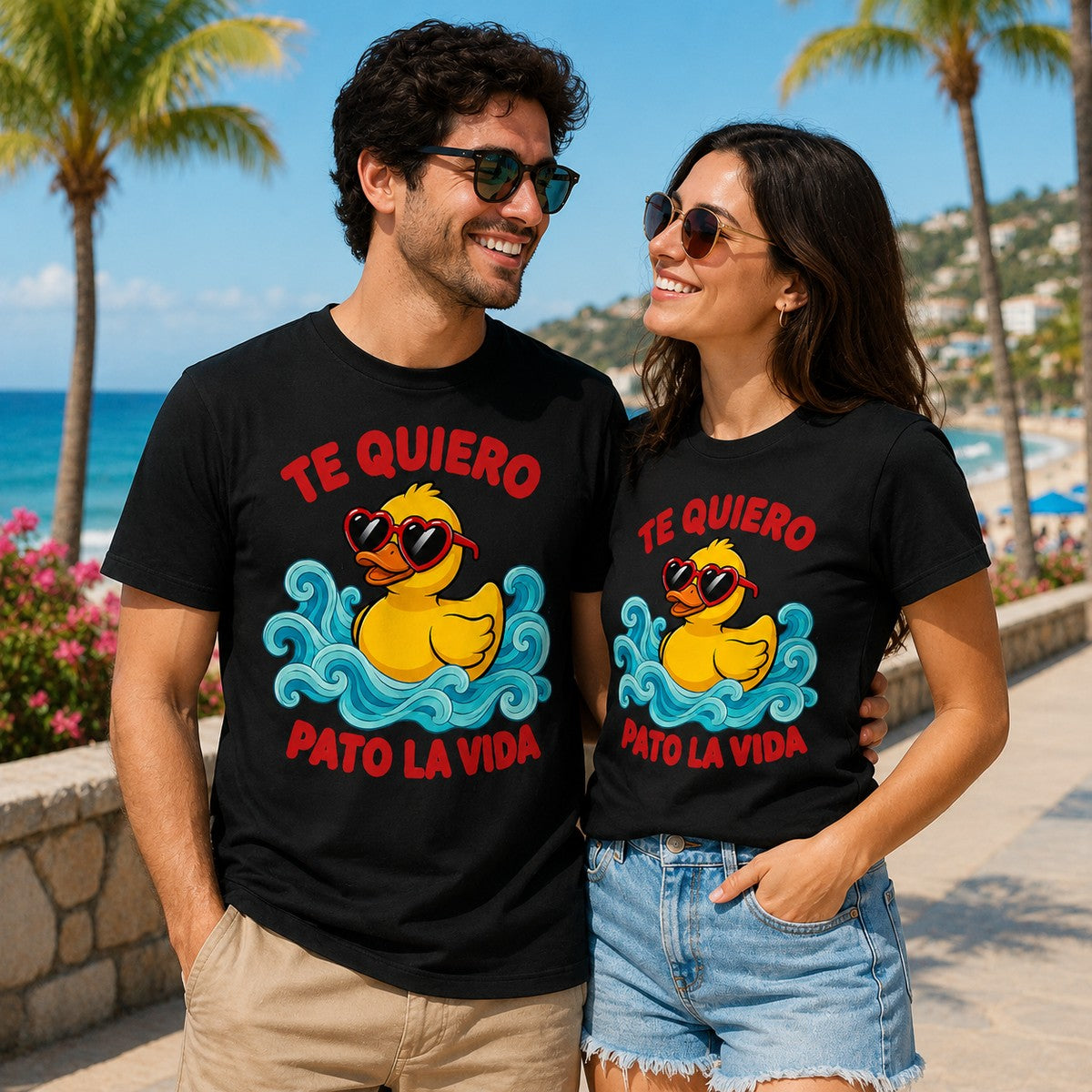 Pareja con camiseta Te Quiero Pato la Vida negra, regalo San Valentín - Starway to Helen