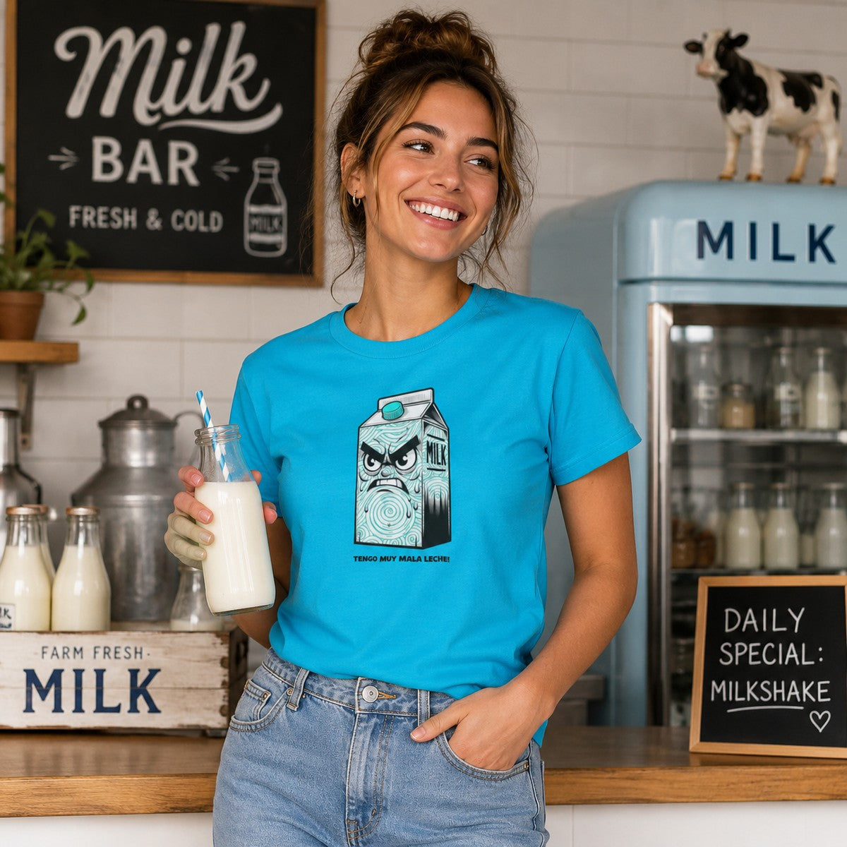 Mujer con camiseta Tengo Muy Mala Leche, brik de leche enfadado - Starway to Helen