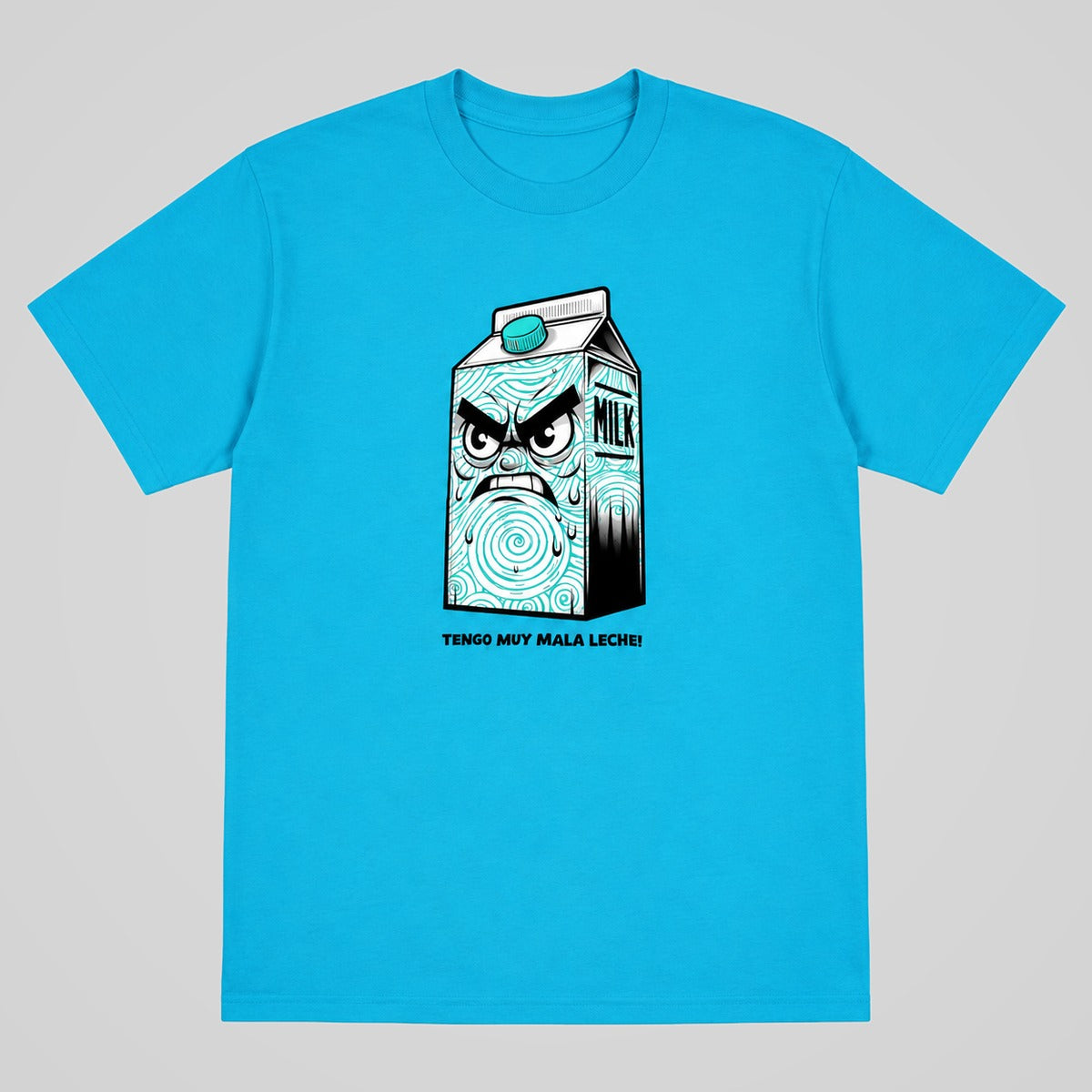 Camiseta Tengo Muy Mala Leche turquesa con brik de leche enfadado - Starway to Helen