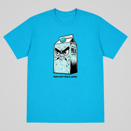 Camiseta Tengo Muy Mala Leche turquesa con brik de leche enfadado - Starway to Helen