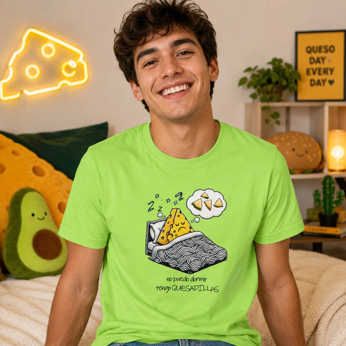 Hombre con camiseta Tengo Quesadillas verde lima - Starway to Helen