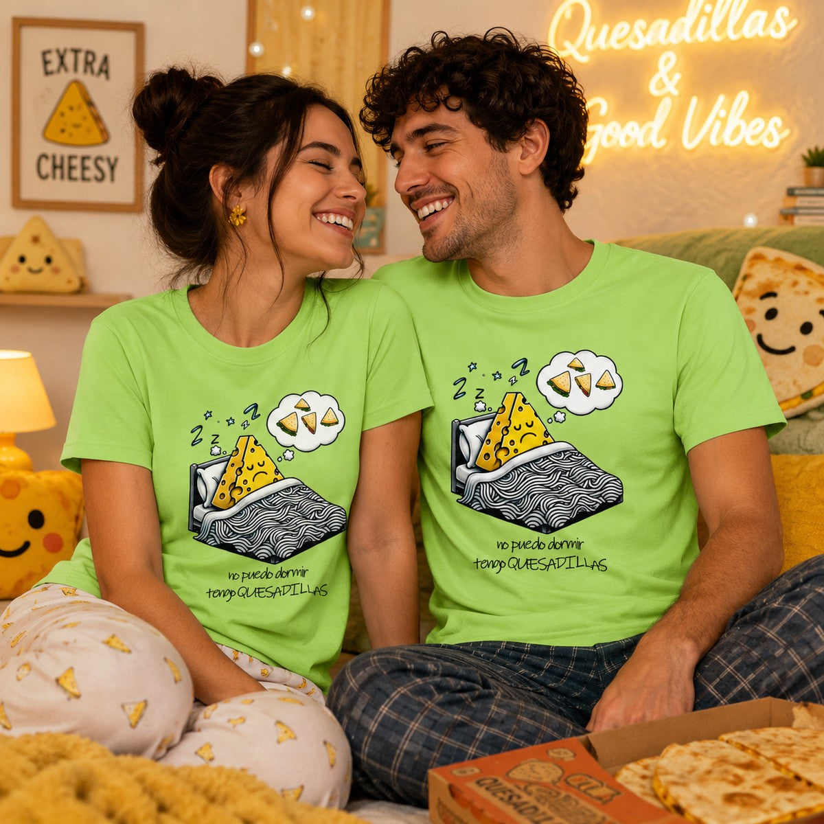 Pareja con camiseta Tengo Quesadillas verde lima - Starway to Helen