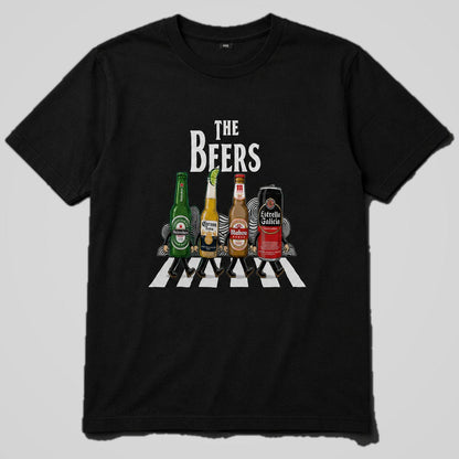 Camiseta negra The Beers, parodia Abbey Road con cervezas, diseño musical – Starway to Helen