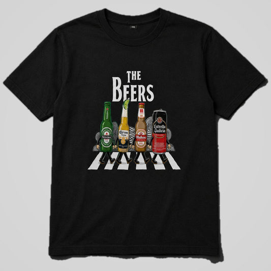 Camiseta negra The Beers, parodia Abbey Road con cervezas, diseño musical – Starway to Helen