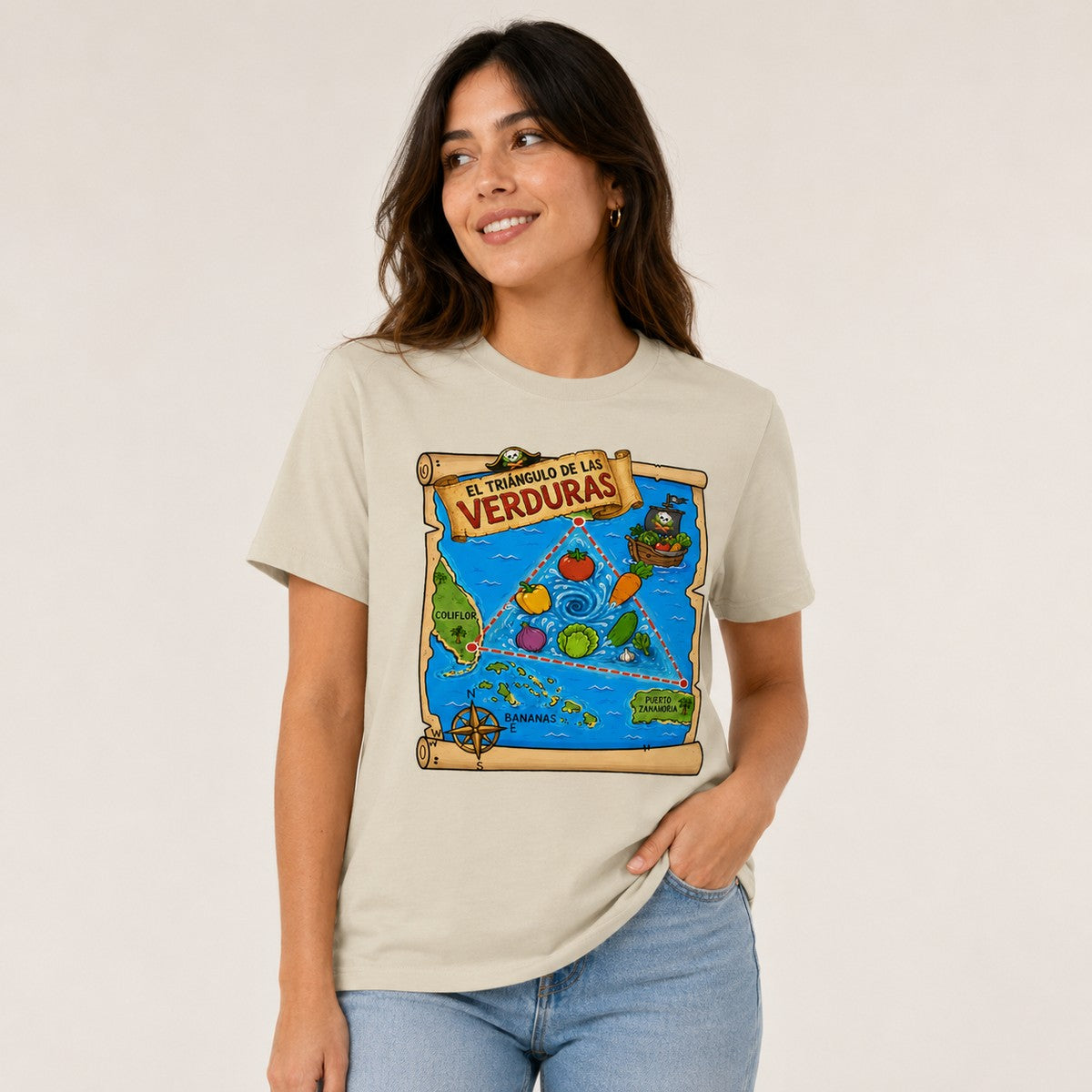 Mujer con camiseta crema Triángulo de las Verduras – Starway to Helen