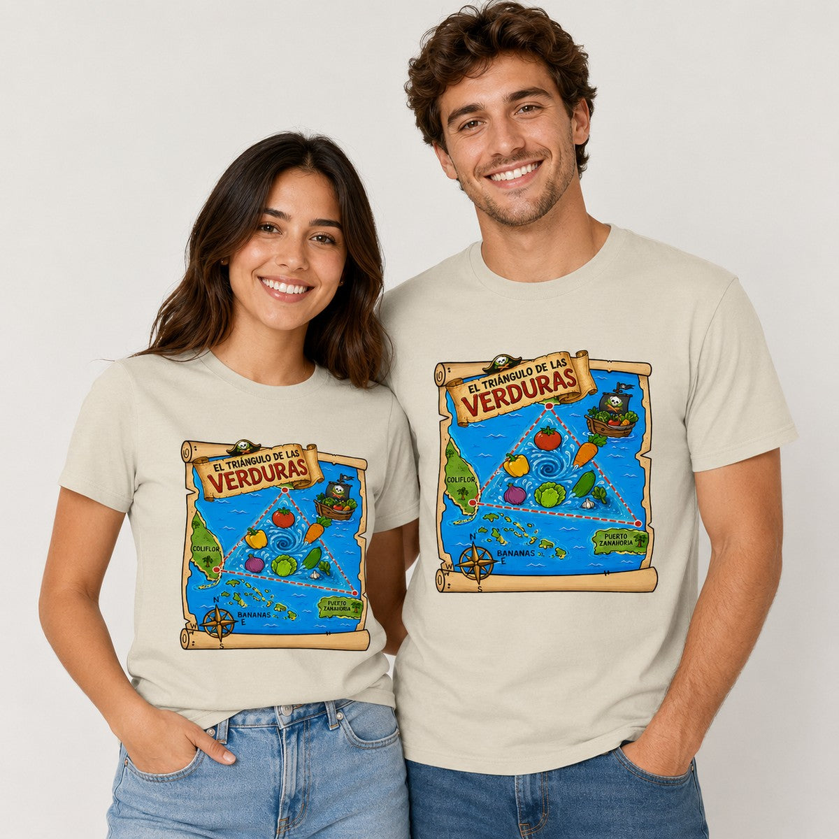 Pareja con camiseta crema Triángulo de las Verduras – Starway to Helen
