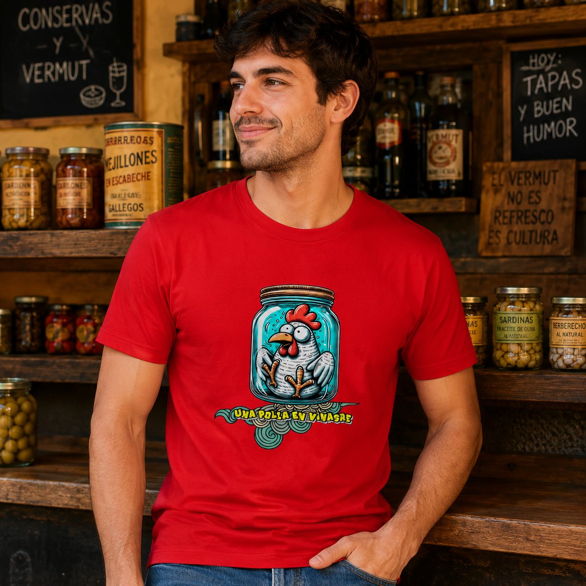 Hombre con camiseta roja Una Polla en Vinagre, humor español